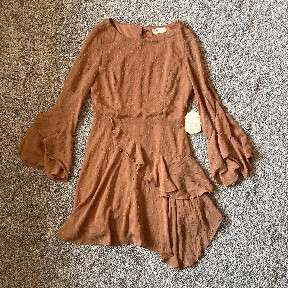 NWT Altar'd State Mini Dress Size Medium Rust Color Bell Sleeve Ruffled Hem